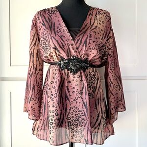 Cheetah print babydoll whimsy top with bell sleeves